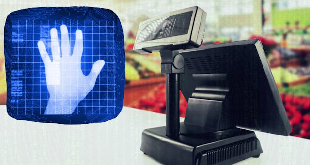 a photo of a hand hovering over a blue grid representing a palm scanner